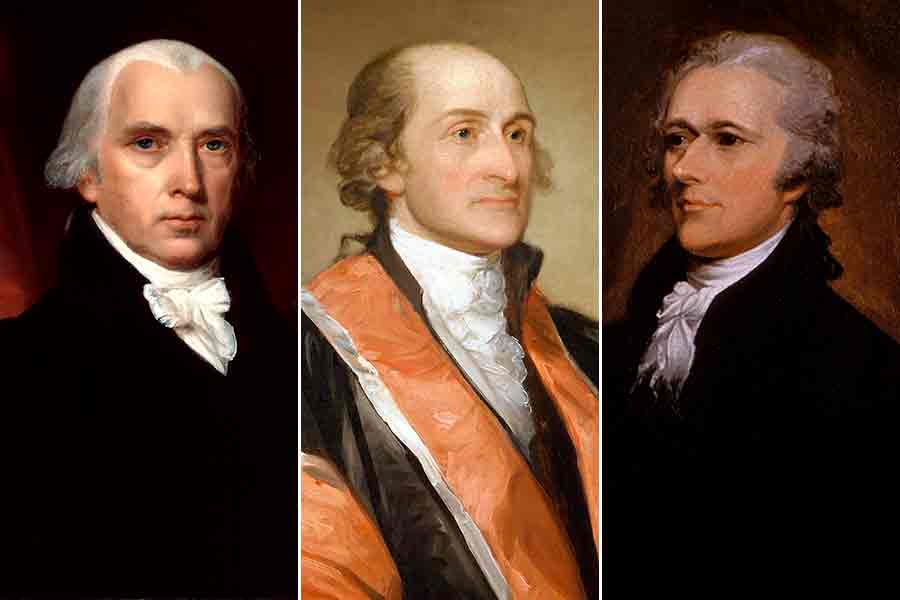 James Madison, John Jay och Alexander Hamilton formulerade USA:s konstitution.