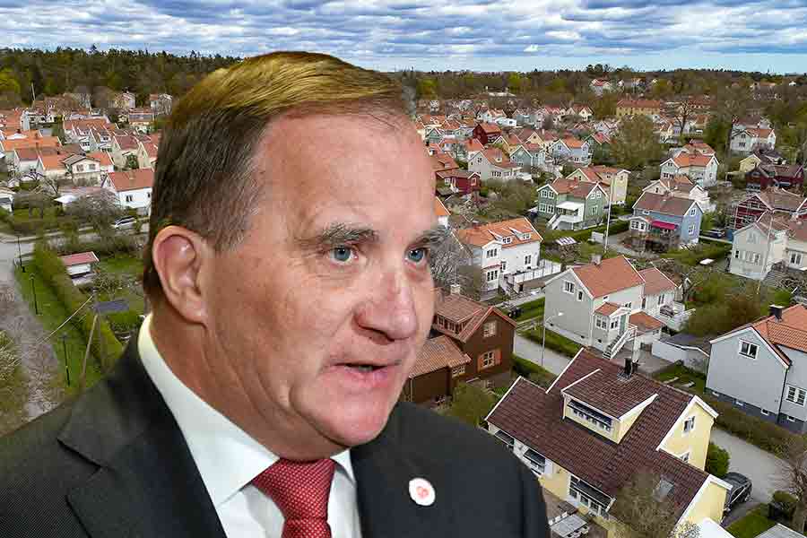 Vy över villakvarteren i Norra Ängby och stefan Löfven. Bilden är ett montage.