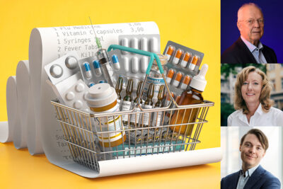 Shopping basket full of medicines, pills, blisters and vaccine o