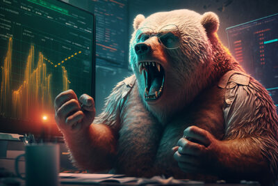 Angry Bear trading with computer, Bearish in Stock market and Cr