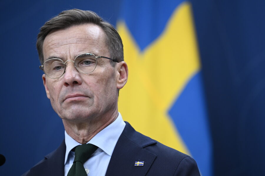 Statsminister Ulf Kristersson (M) under pressträff efter ett möte med rikspolischef Anders Thornberg, och överbefälhavare Micael Bydén där de pratade om den den senaste våldsvågen.