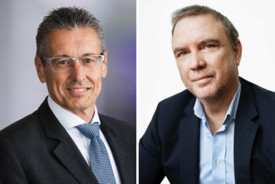 Till vänster syns Ronnie Leten, styrelseordförande för Epiroc. Till höger syns Mathias Ingvarsson, VD och medgrundare för Holyvolt. Källa: Pressbilder