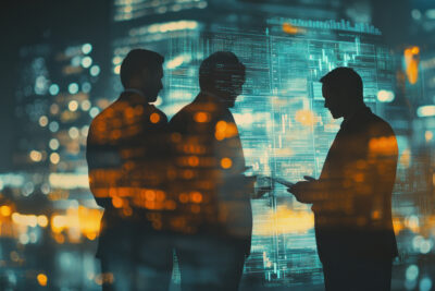 Silhouettes of three businessmen discussing a project, set against a backdrop of city lights at night.