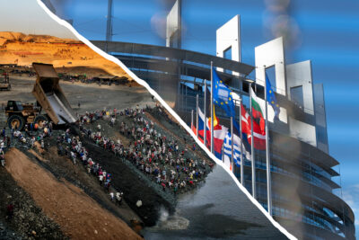 EU-flaggor och en bild på arbetare under åliga förhållanden