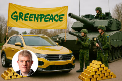 Bilden är AI-genererad via mycket enkla önskemålet att göra en bild som innefattar Greenpeace, guld, Volkswagen och försvar. Bilden är ett bevis på de enorma produktivitetslyft som finns att göra inom AI i samhällen som bejakar detta.