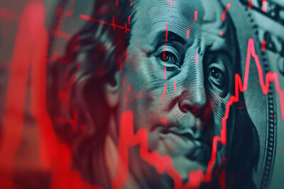 en dollarsedel i närbild med en fallande graf