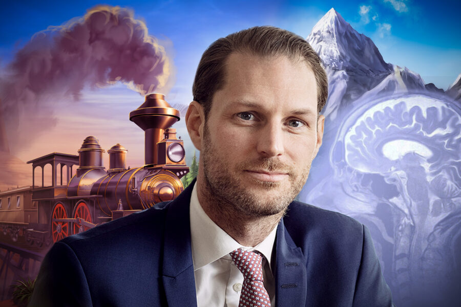 eric bertilsson framför en tecknad bild ur spelet ticket to ride och en bild av en hjärna frpn bioarctic