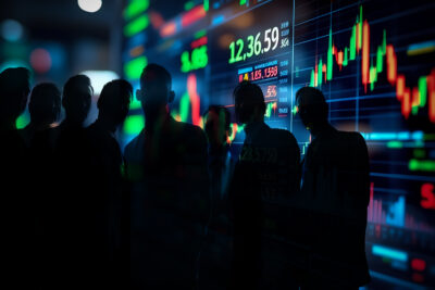 Close-up of a stock market display showing financial data, trading charts, and stock prices. Ideal for finance, investment, business analysis, and economic presentations.